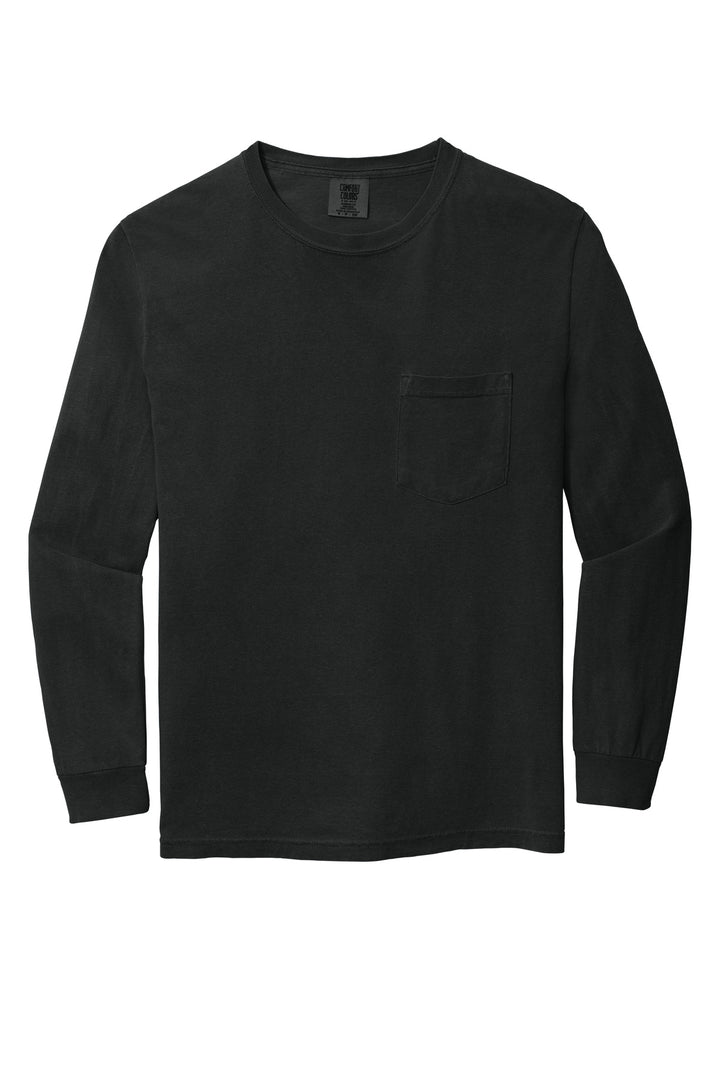Front View of Black COMFORT COLORS Heavyweight Ring Spun Long Sleeve Pocket Tee. 4410