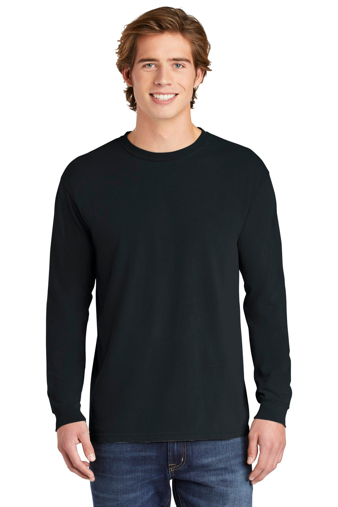 Front View of Black COMFORT COLORS Heavyweight Ring Spun Long Sleeve Tee. 6014