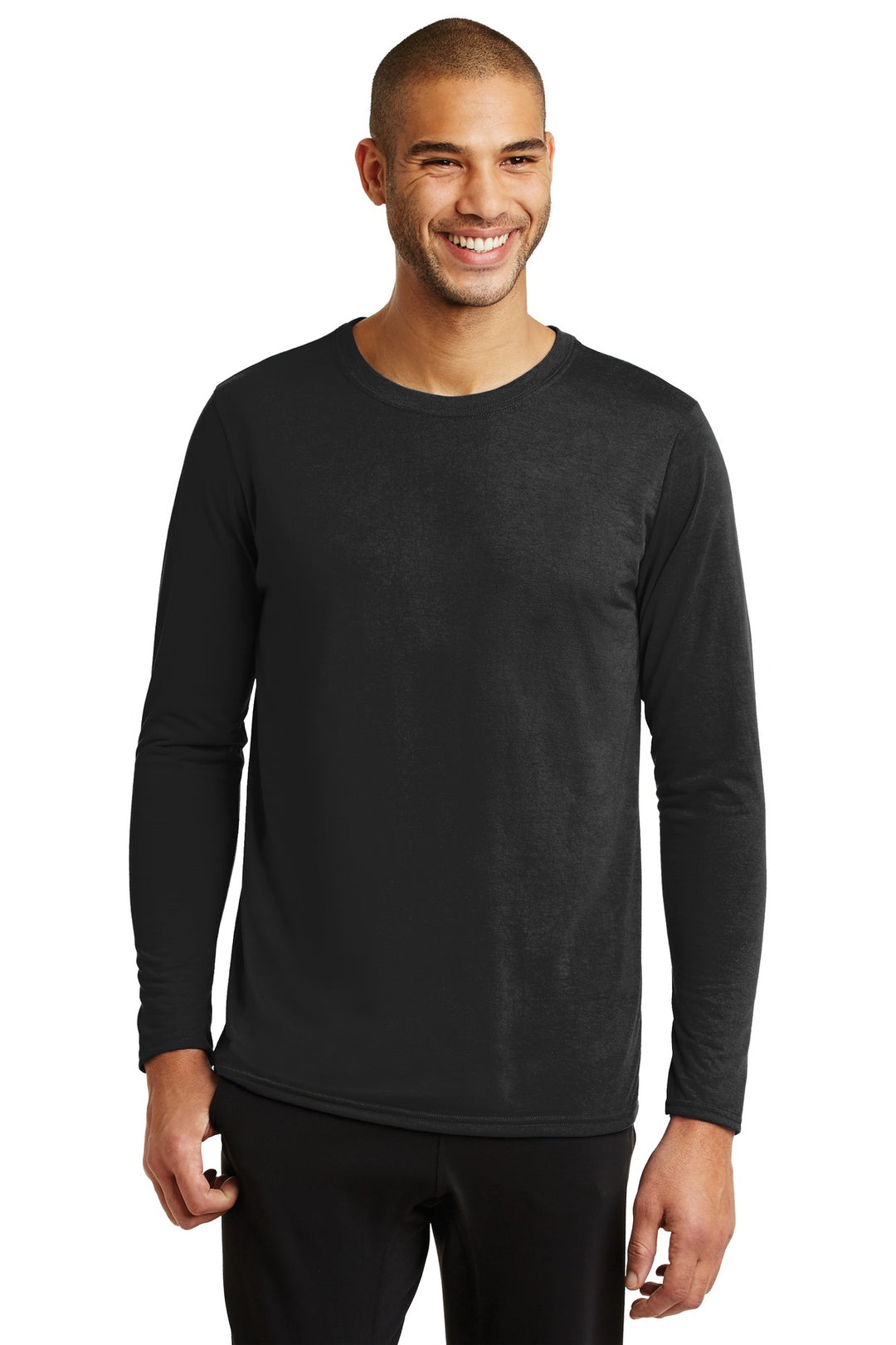 Front View of Black Gildan Performance Long Sleeve T-Shirt. 42400