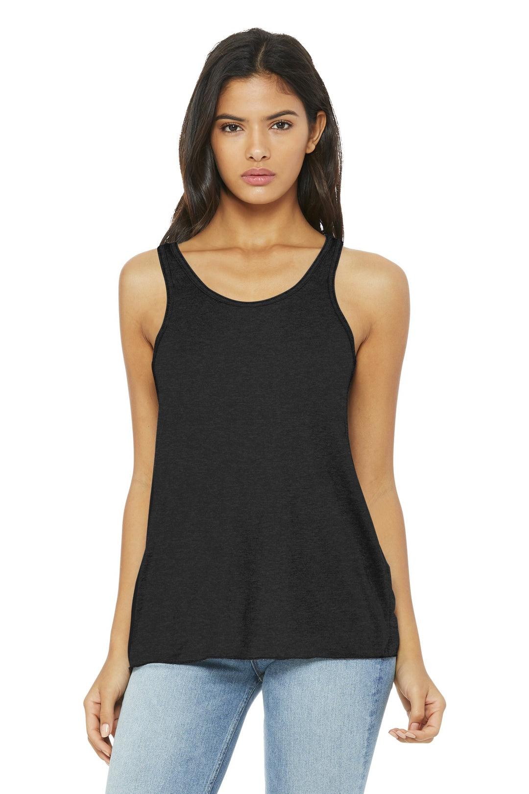 Front View of Black Ht BELLA+CANVAS Women's Flowy Racerback Tank. BC8800
