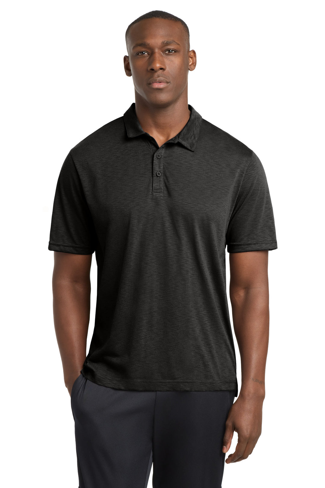 Front View of Black Sport-Tek PosiCharge Strive Polo ST530