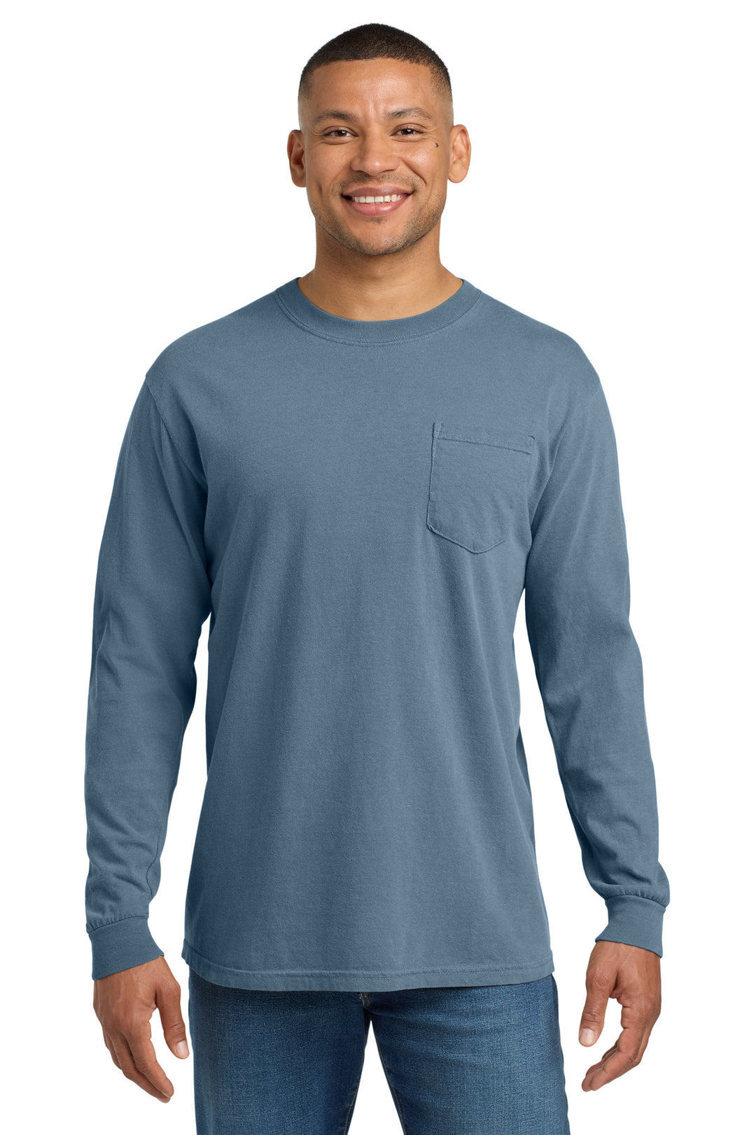 Front View of Blue Jean COMFORT COLORS Heavyweight Ring Spun Long Sleeve Pocket Tee. 4410