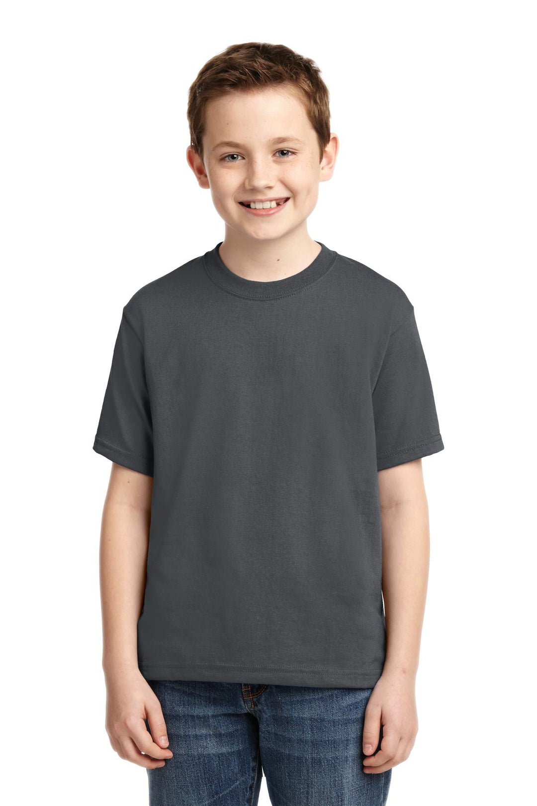 Front View of Charcoal Grey Jerzees - Youth Dri-Power 50/50 Cotton/Poly T-Shirt. 29B