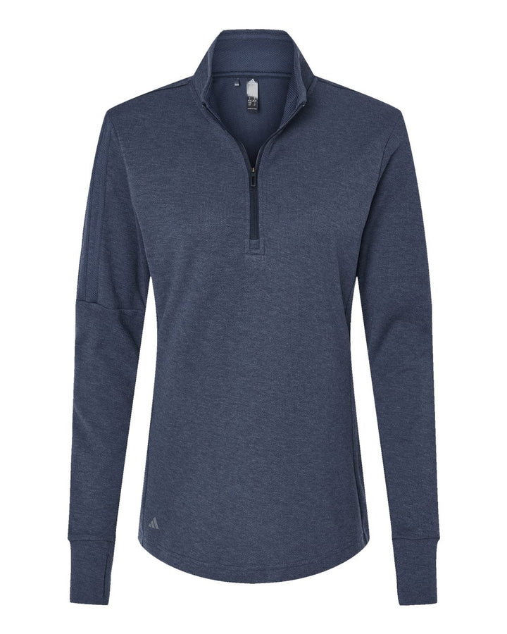 Front View of Collegiate Navy Melange Women's 3-Stripes Quarter-Zip Sweater - A555