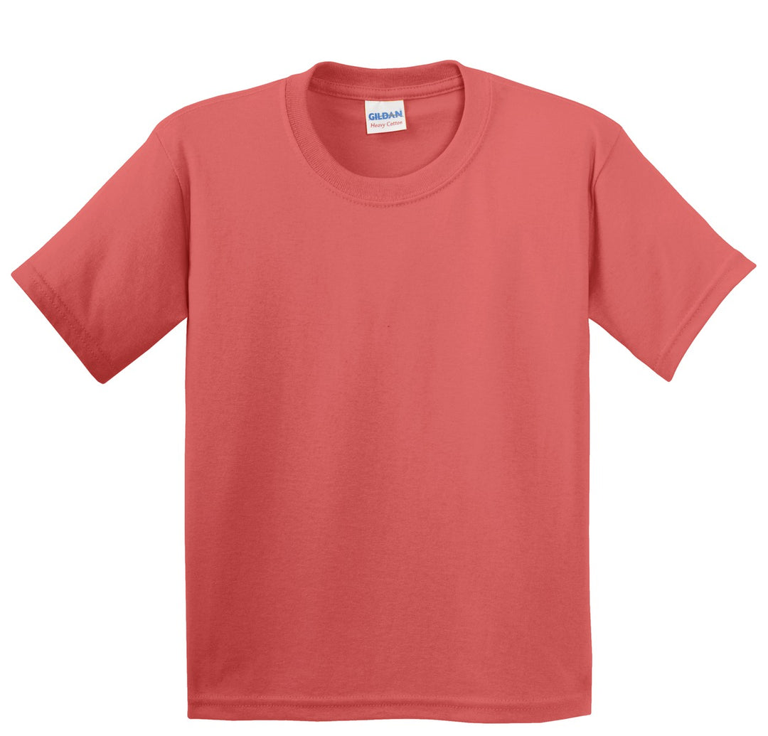 Front View of Coral Silk Gildan - Youth Heavy Cotton 100% Cotton T-Shirt. 5000B
