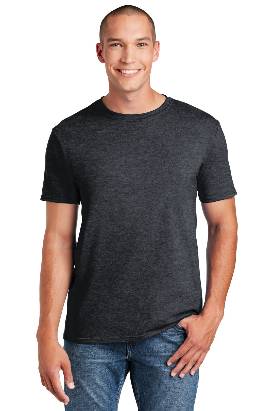 Front View of Dark Heather Gildan Softstyle T-Shirt. 64000