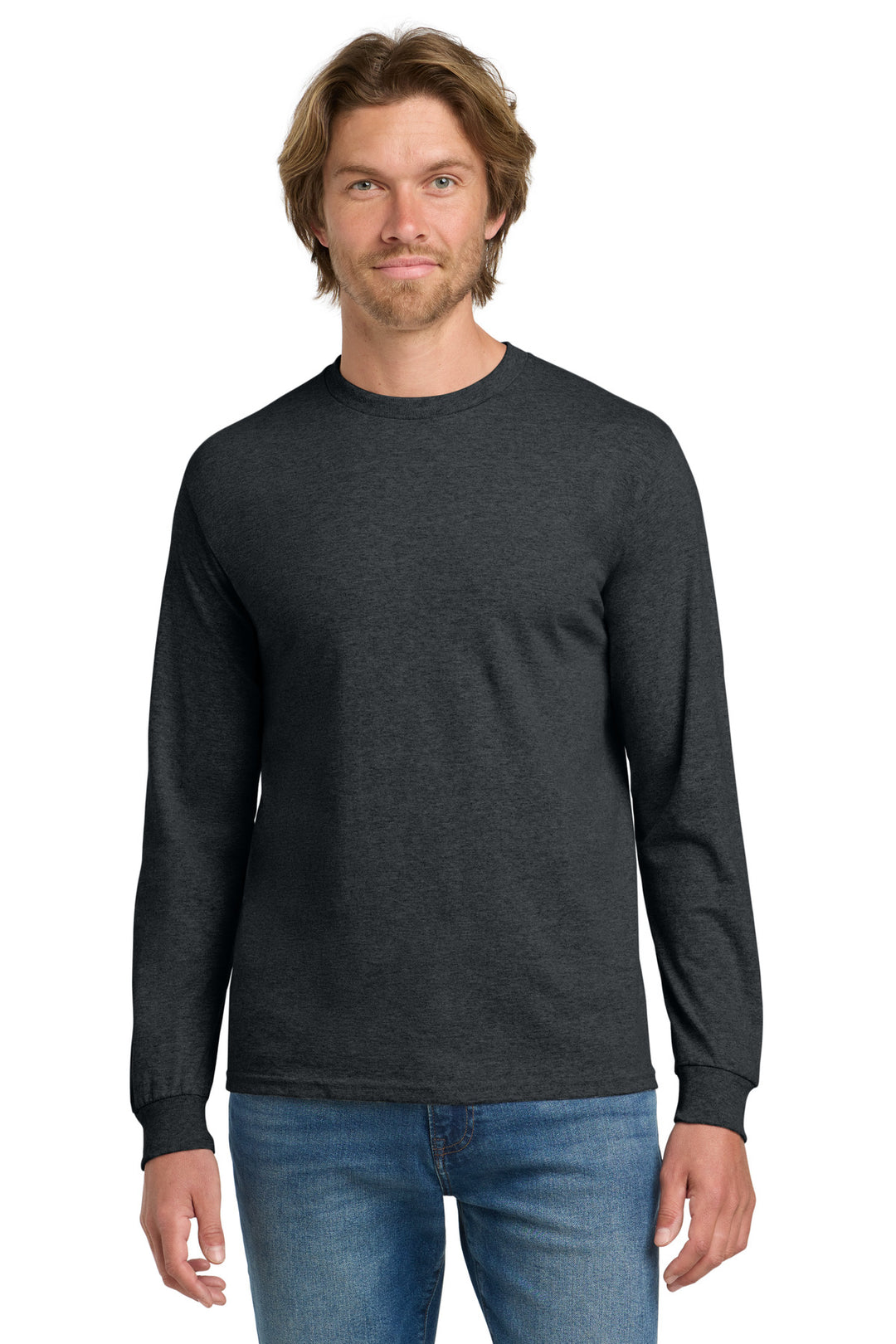 Front View of DarkHthr Gildan - Heavy Cotton 100% Cotton Long Sleeve T-Shirt. 5400
