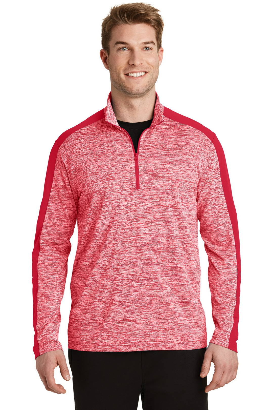 Front View of Dp Red E/Dp Rd Sport-Tek PosiCharge Electric Heather Colorblock 1/4-Zip Pullover. ST397