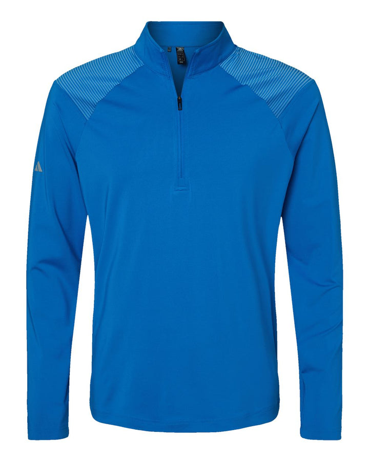 Front View of Glory Blue Shoulder Stripe Quarter-Zip Pullover - A520