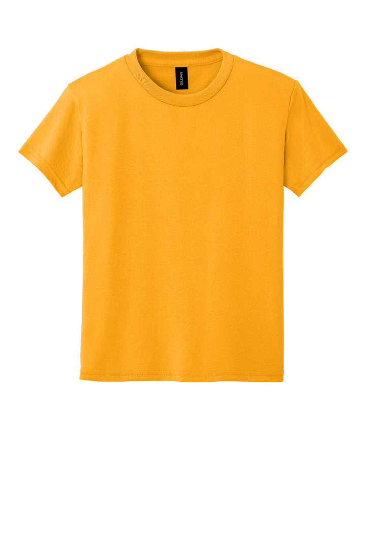 Front View of Gold Gildan Youth DryBlend 50 Cotton/50 Poly T-Shirt. 8000B