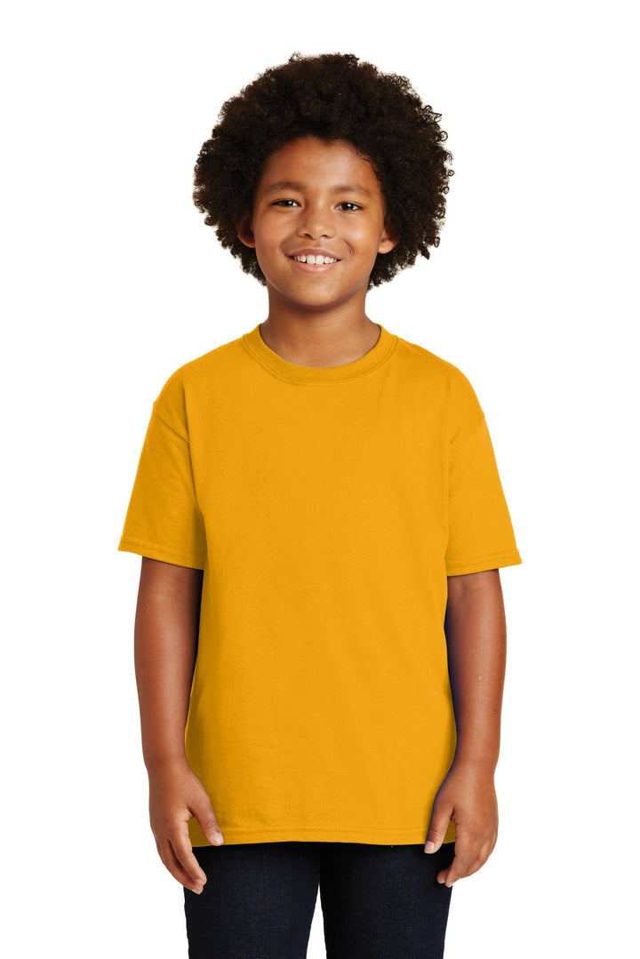 Front View of Gold Gildan - Youth Ultra Cotton 100% US Cotton T-Shirt. 2000B