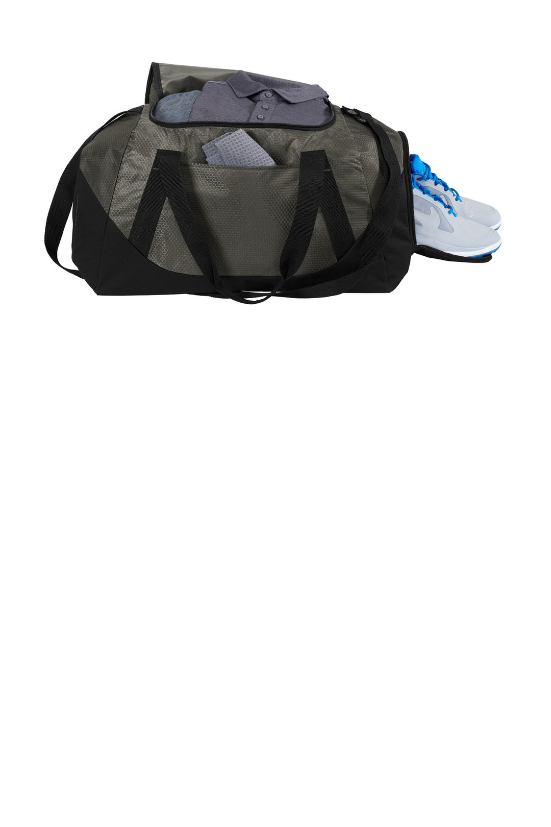 Front View of Grey/Black Port Authority Team Duffel BG804