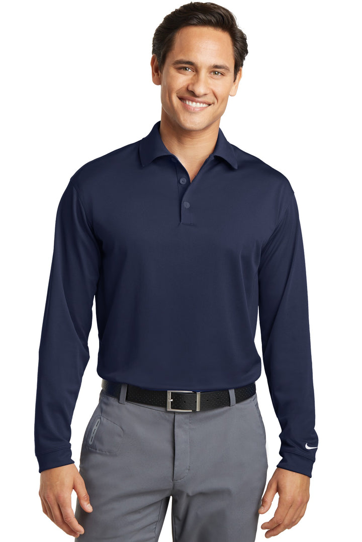 Front View of Midnight Navy Nike Long Sleeve Dri-FIT Stretch Tech Polo. 466364