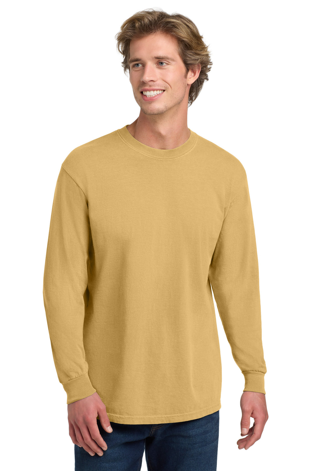 Front View of Mustard COMFORT COLORS Heavyweight Ring Spun Long Sleeve Tee. 6014