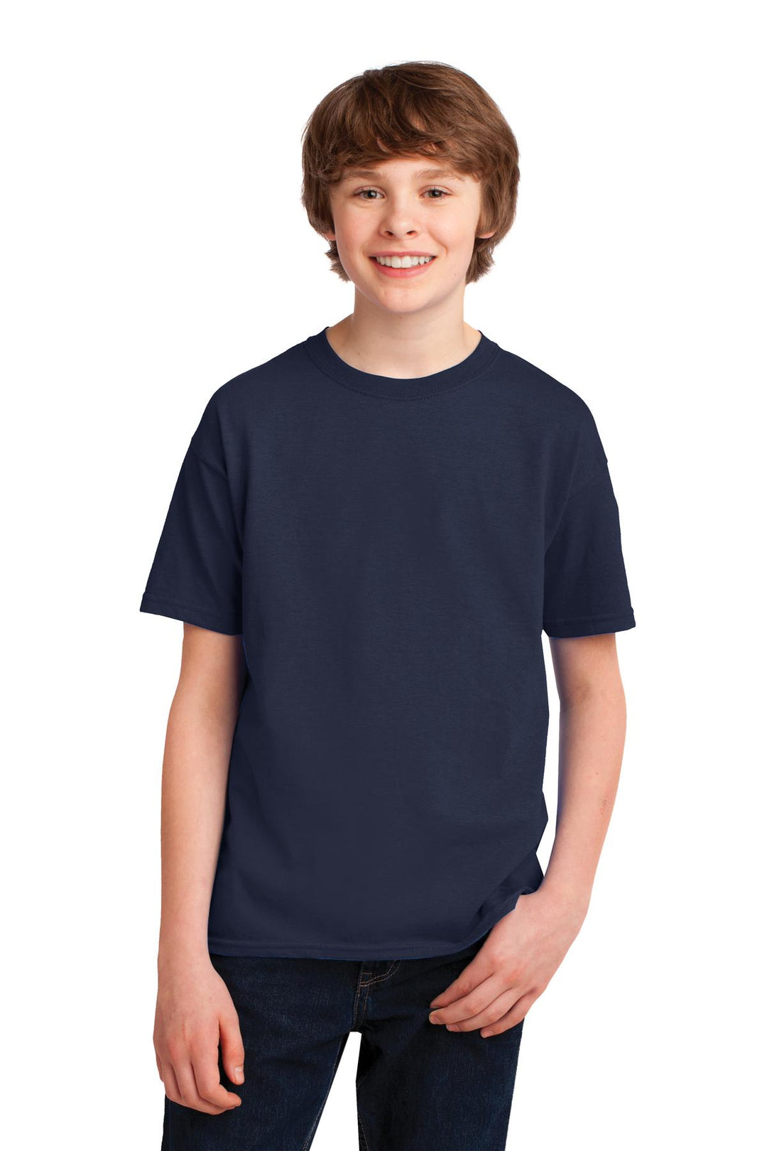 Front View of Navy Gildan Youth Gildan Performance T-Shirt. 42000B