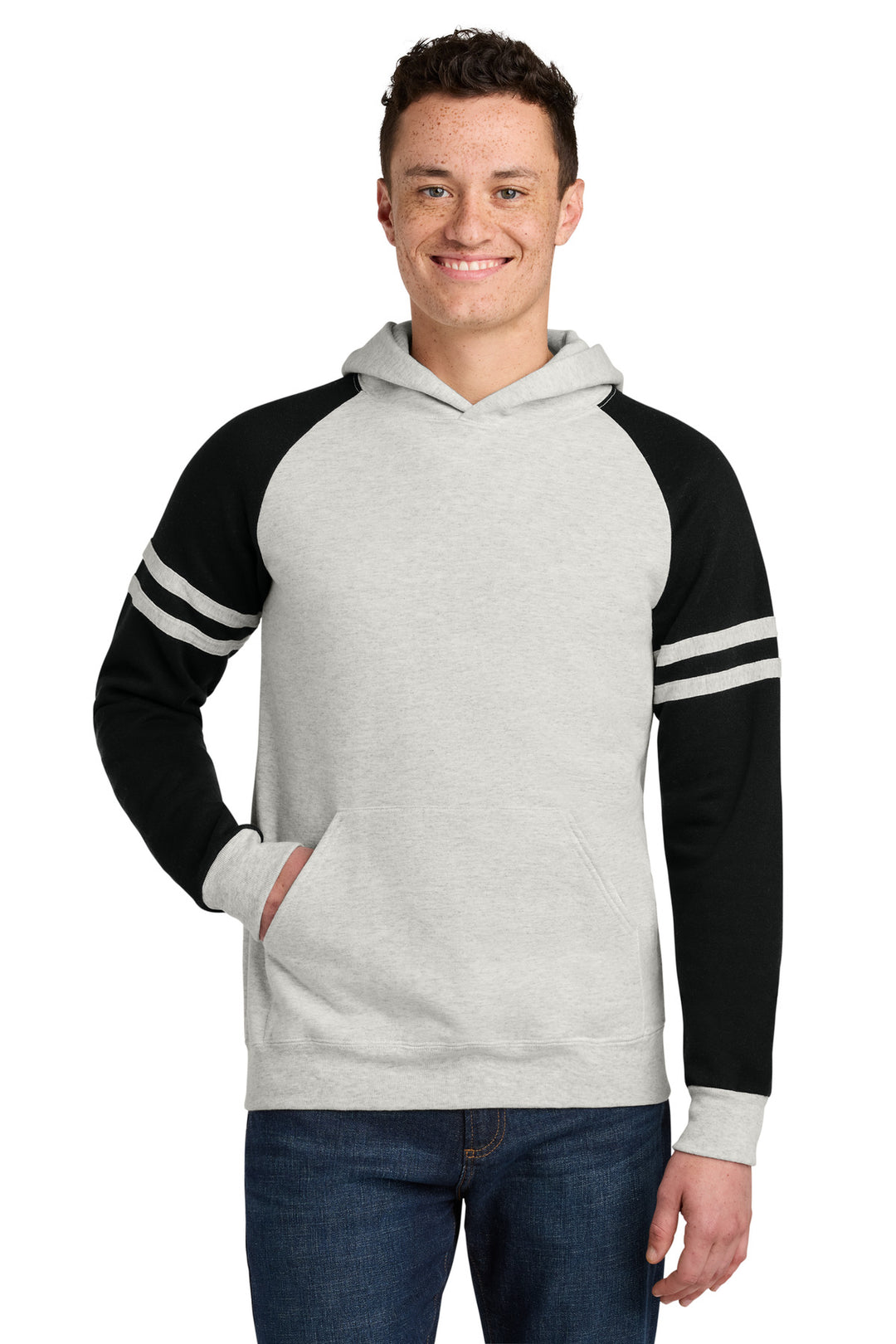 Front View of OatH/BkInk Jerzees Unisex NuBlend Varsity Colorblock Hooded Sweatshirt 97C