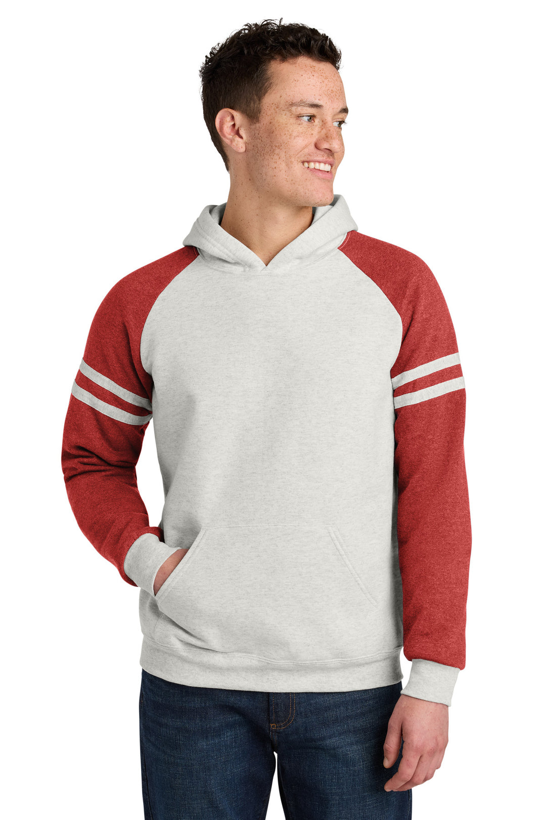 Front View of OatH/FryRH Jerzees Unisex NuBlend Varsity Colorblock Hooded Sweatshirt 97C