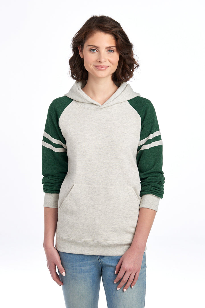 Front View of OatHt/FGnH Jerzees Unisex NuBlend Varsity Colorblock Hooded Sweatshirt 97C
