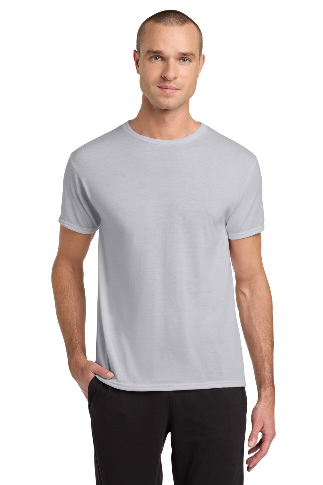 Front View of Silver Jerzees Dri-Power 100% Polyester T-Shirt. 21M