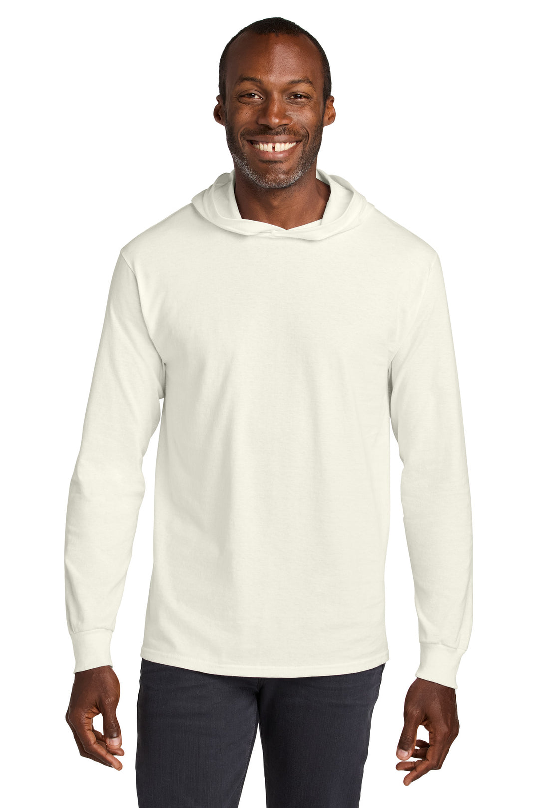 Front View of SwtCrmHthr Jerzees Classics Unisex Cotton Long Sleeve Hooded T-Shirt 363LH