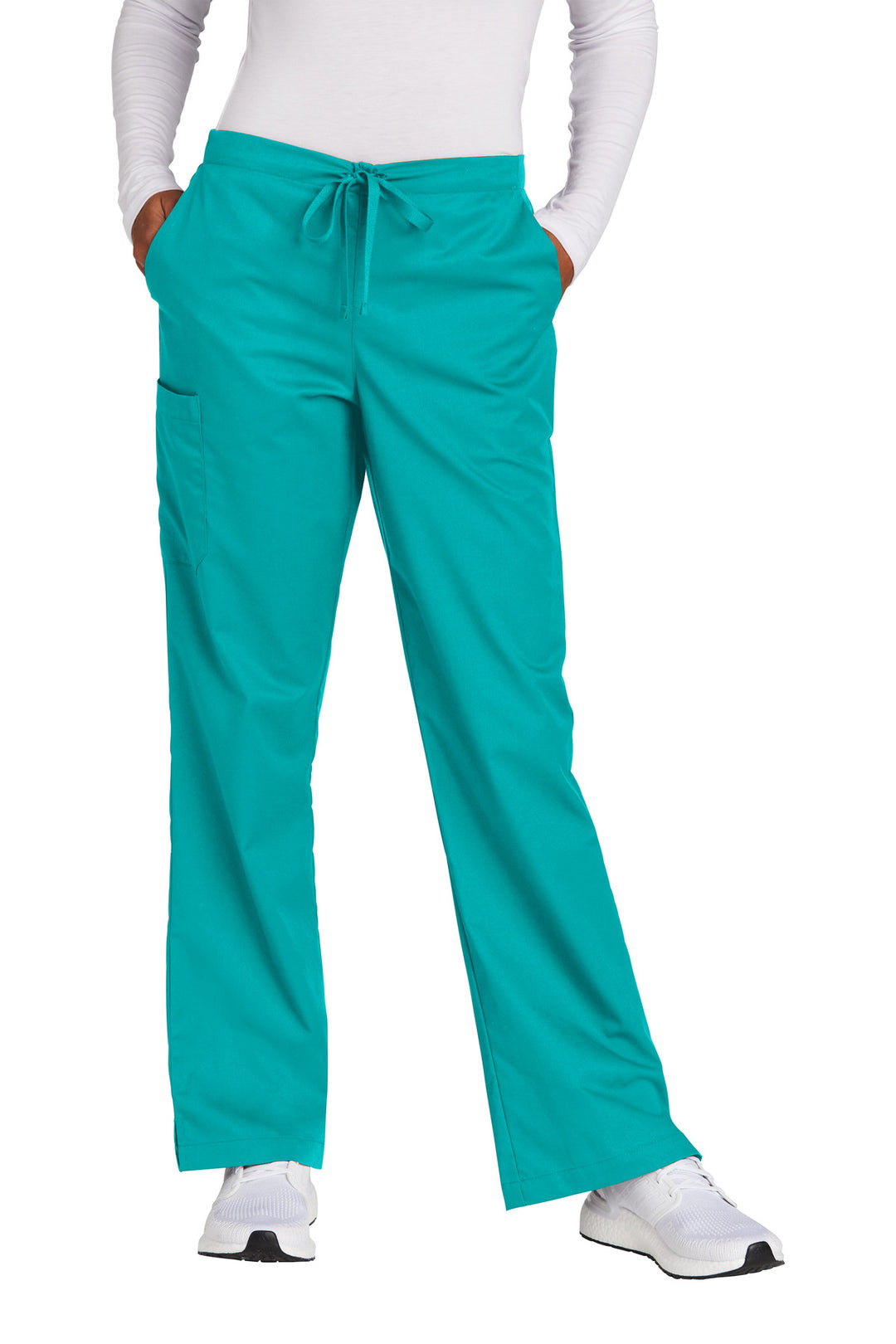 Front View of Teal Wink Women's Petite WorkFlex Flare Leg Cargo Pant WW4750P