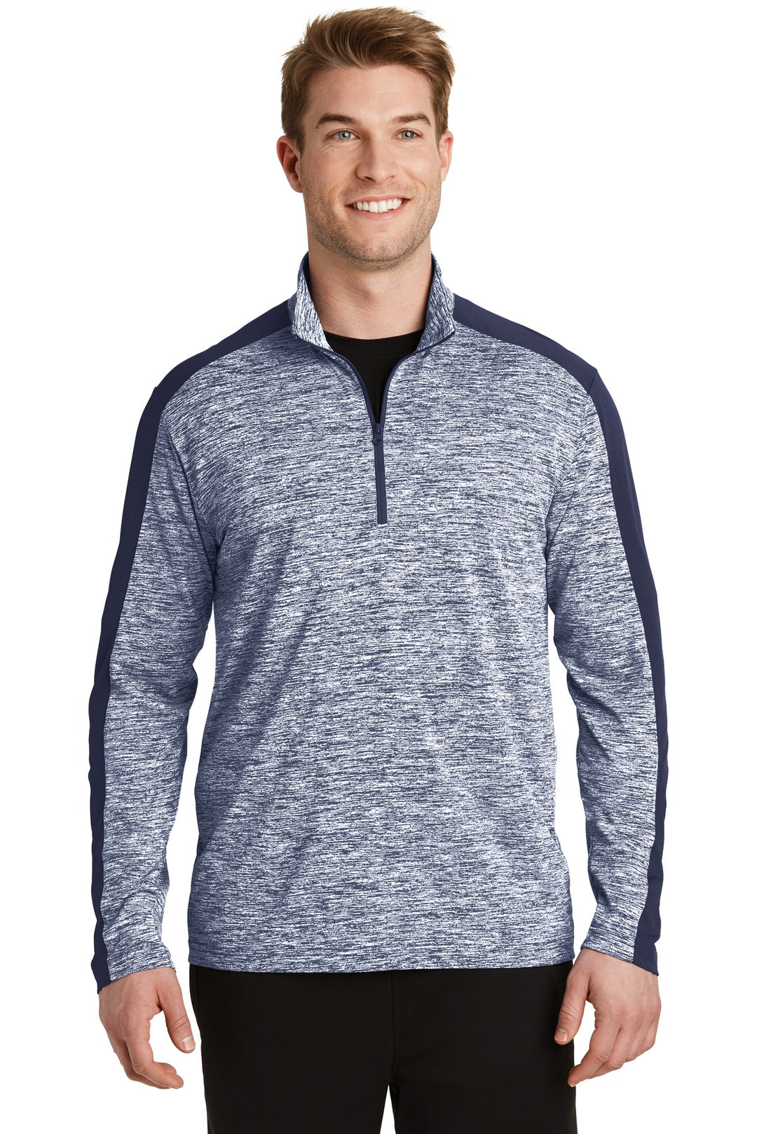 Front View of Tr Navy E/T Ny Sport-Tek PosiCharge Electric Heather Colorblock 1/4-Zip Pullover. ST397