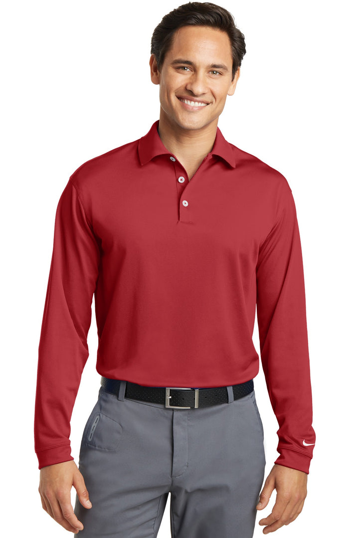 Front View of Varsity Red Nike Long Sleeve Dri-FIT Stretch Tech Polo. 466364
