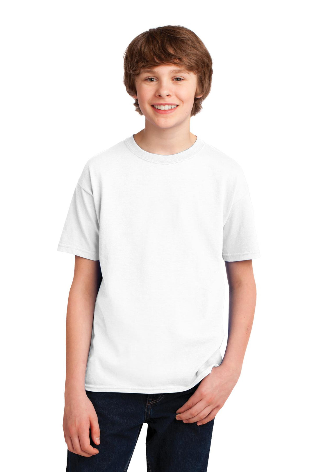Front View of White Gildan Youth Gildan Performance T-Shirt. 42000B