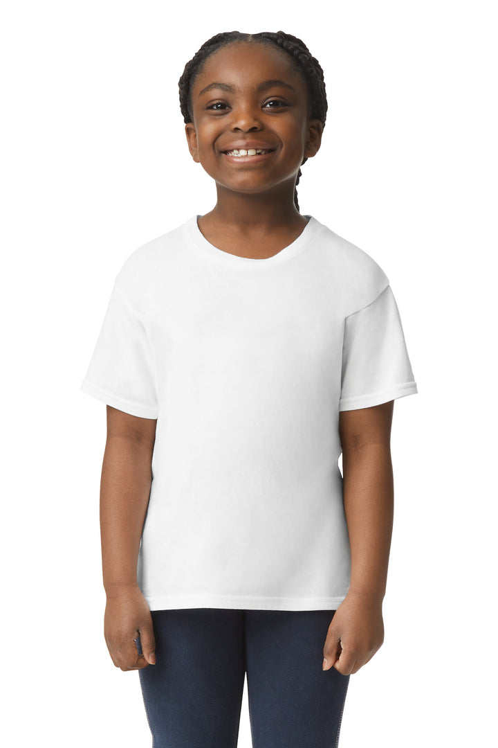 Front View of White Gildan Youth Light Cotton Tee 3000B