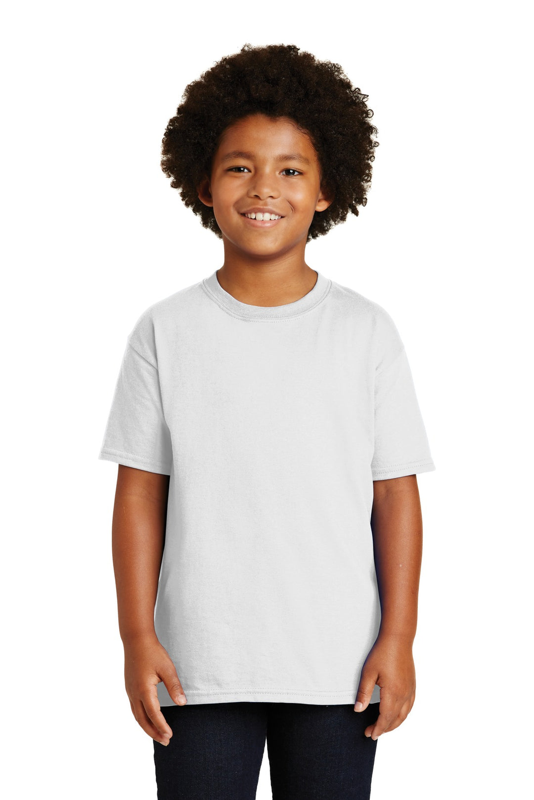 Front View of White Gildan - Youth Ultra Cotton 100% US Cotton T-Shirt. 2000B