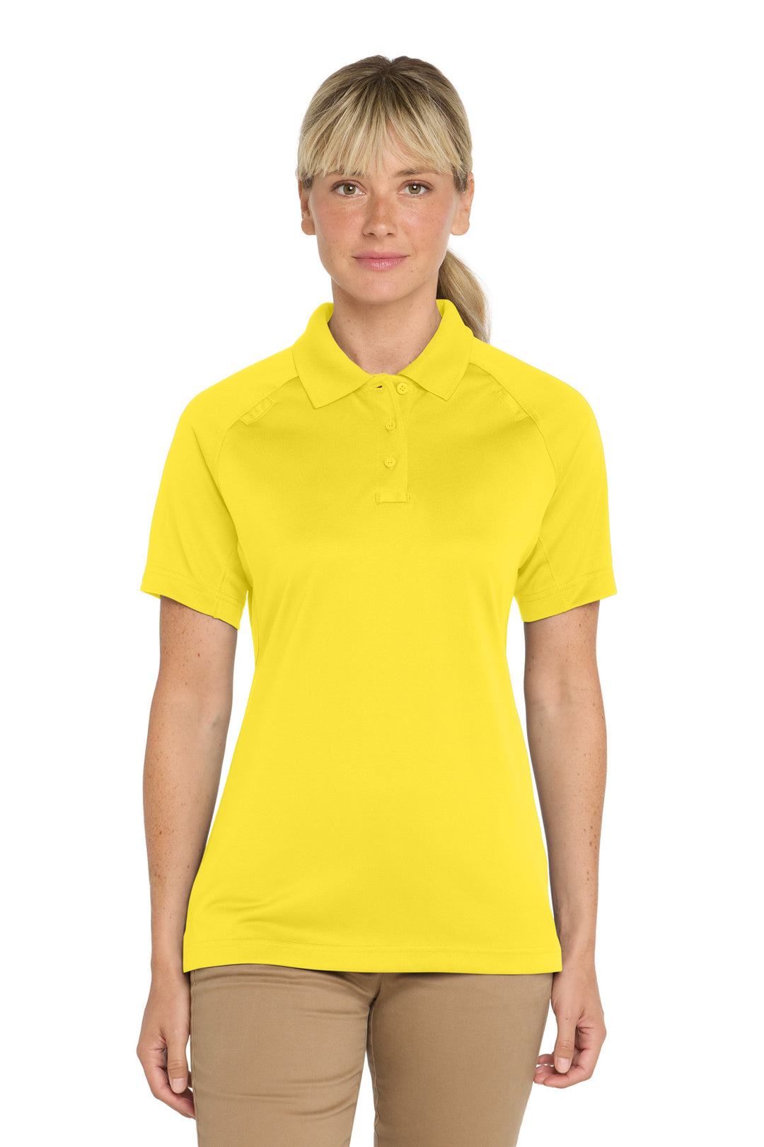 Front View of Yellow CornerStone Women's Select Snag-Proof Tactical Polo. CS411