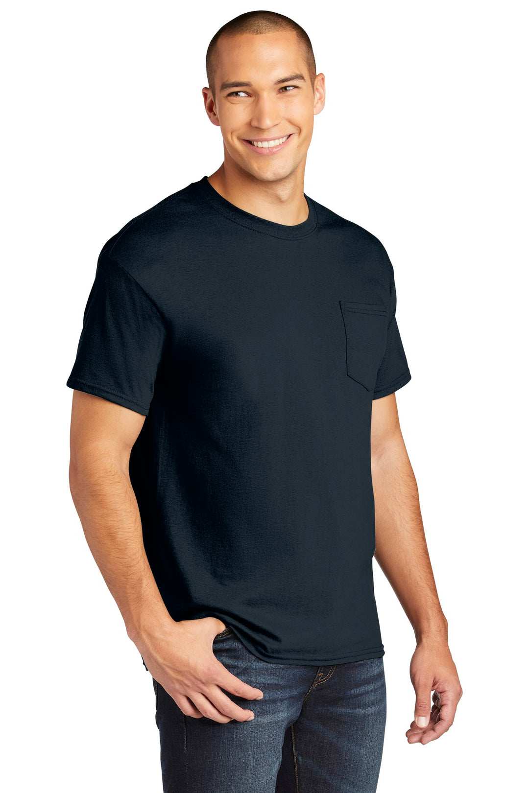 Navy Gildan Heavy Cotton 100% Cotton Pocket T-Shirt. 5300