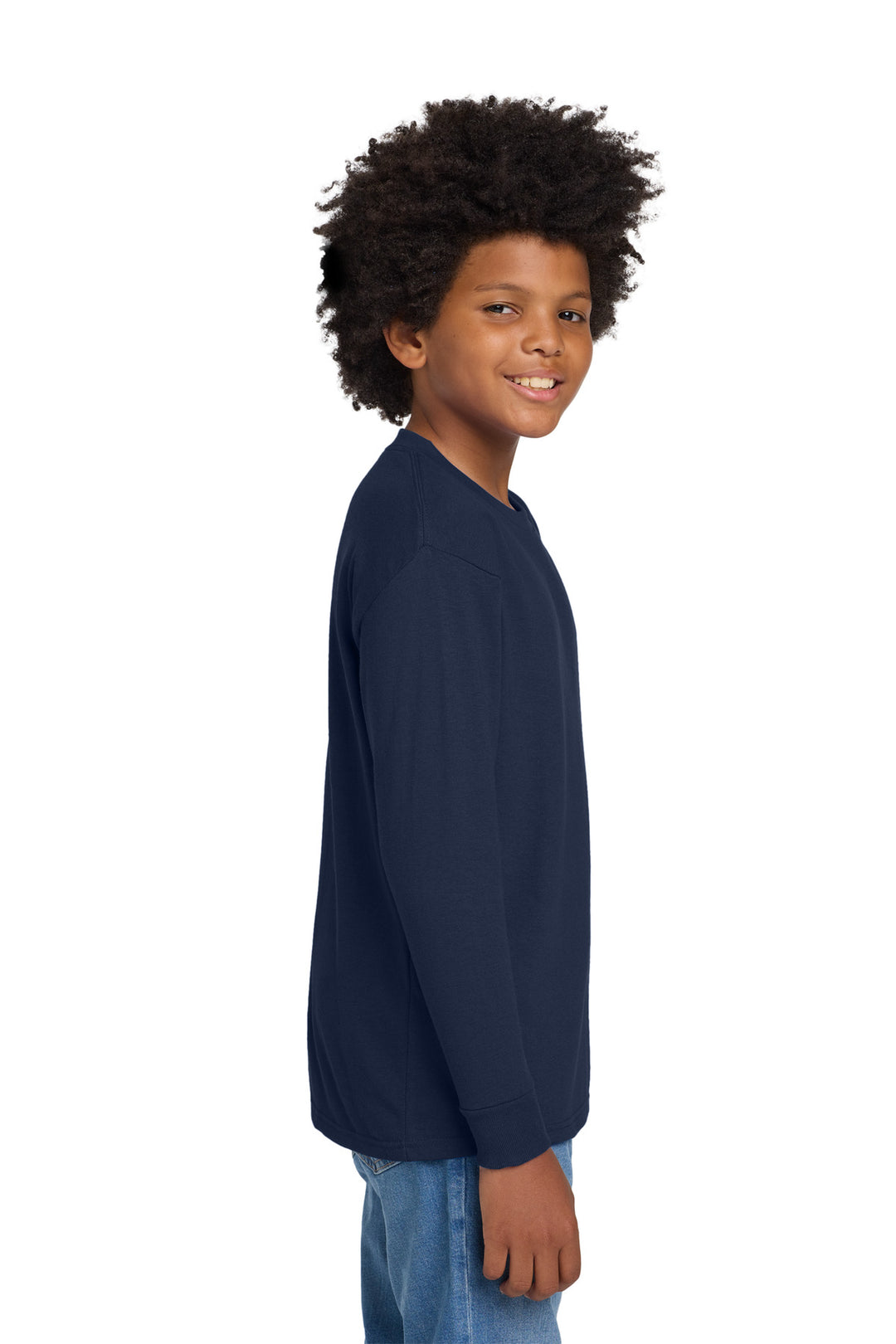 Navy Gildan Youth Heavy Cotton 100% Cotton Long Sleeve T-Shirt. 5400B