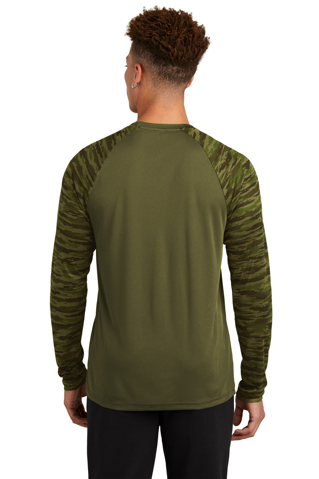 OlvDrabGn Sport-Tek Drift Camo Colorblock Long Sleeve Tee ST376LS