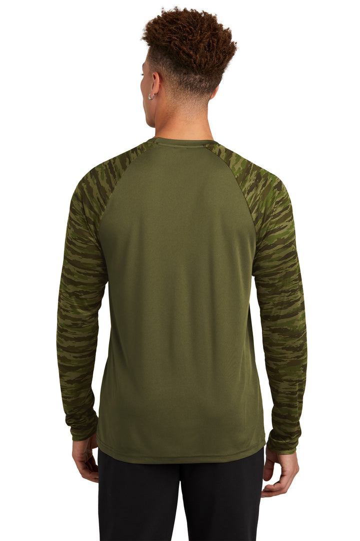 OlvDrabGn Sport-Tek Drift Camo Colorblock Long Sleeve Tee ST376LS