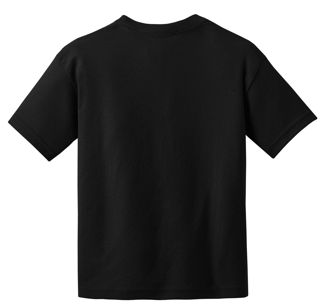 Rear View of Black Gildan Youth DryBlend 50 Cotton/50 Poly T-Shirt. 8000B