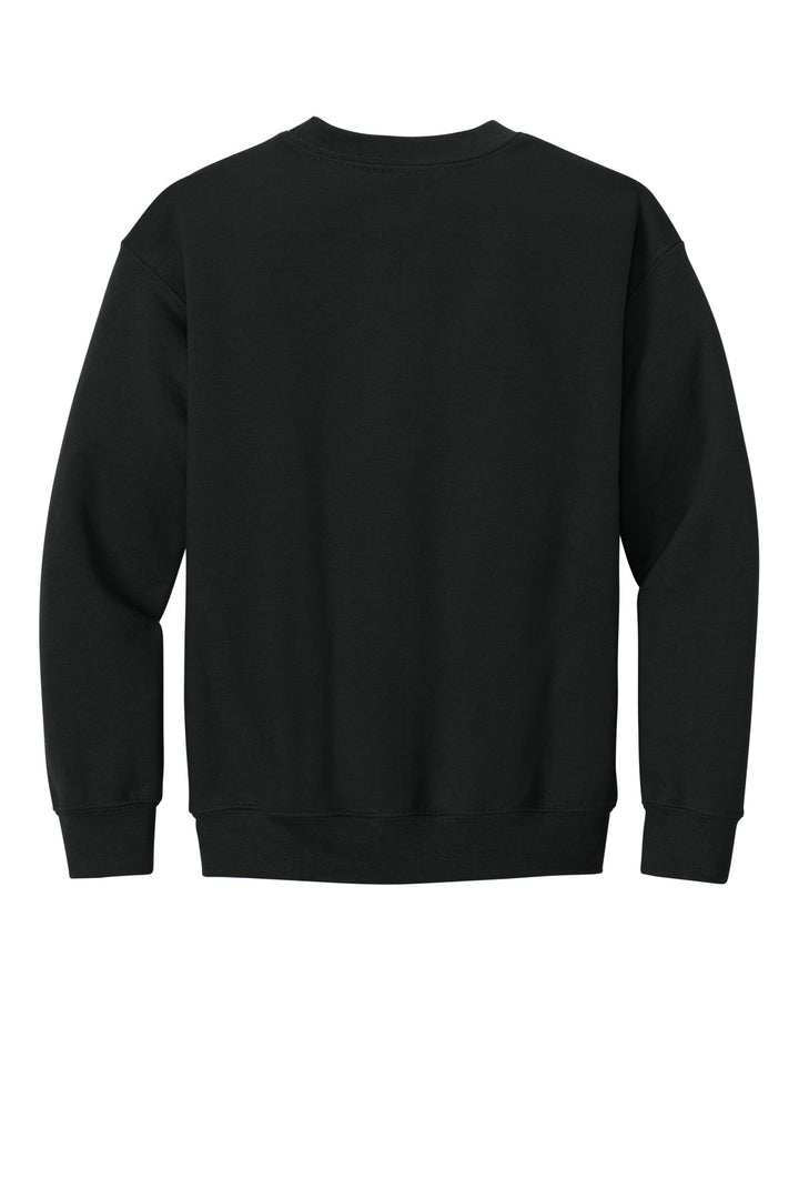 Rear View of Black Gildan Youth Heavy Blend Crewneck Sweatshirt. 18000B