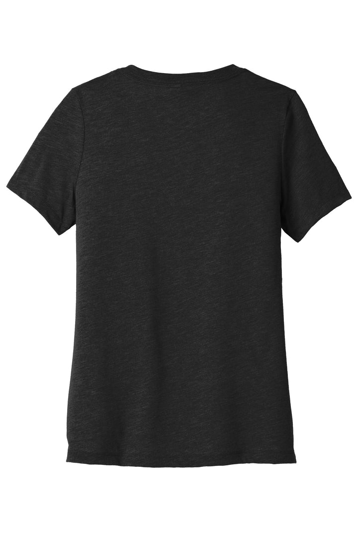 Rear View of BlkHthr BELLA+CANVAS Women's Relaxed Heather CVC V-Neck Tee BC6405CVC