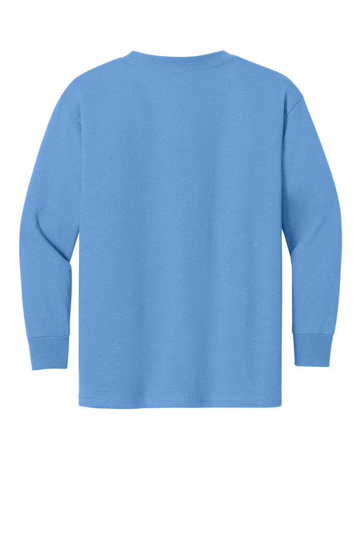 Rear View of CarolinaBl Gildan Youth Heavy Cotton 100% Cotton Long Sleeve T-Shirt. 5400B