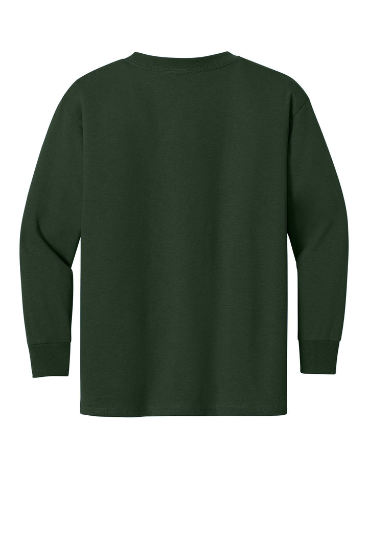 Rear View of ForestGrn Gildan Youth Heavy Cotton 100% Cotton Long Sleeve T-Shirt. 5400B