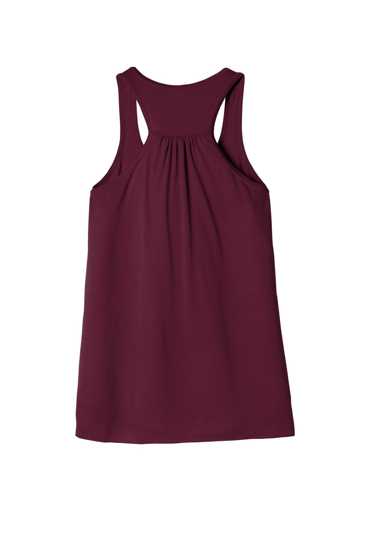 Rear View of Maroon BELLA+CANVAS Women's Flowy Racerback Tank. BC8800