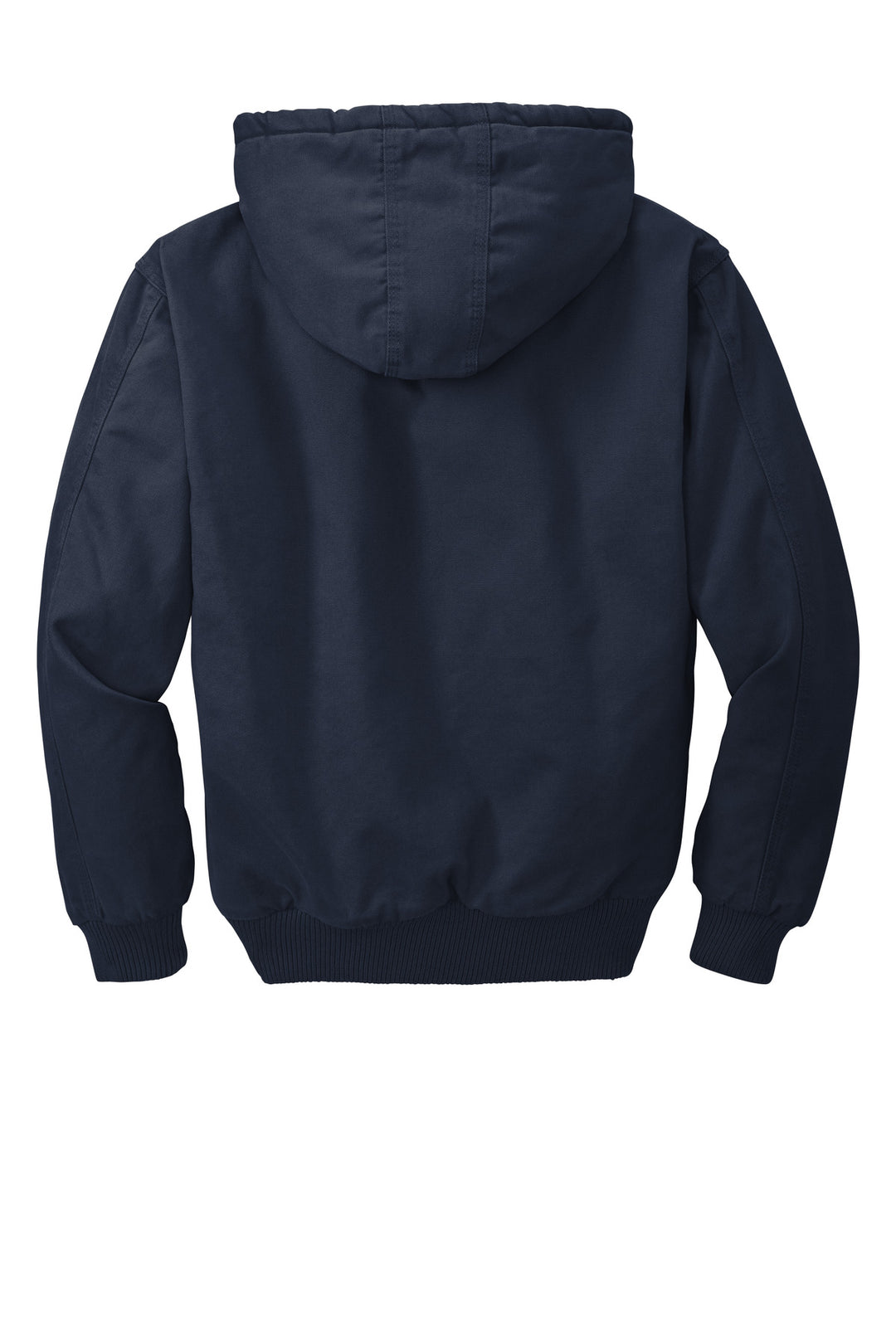 Rear View of Navy CornerStone Washed Duck Cloth Insulated Hooded Work Jacket. CSJ41
