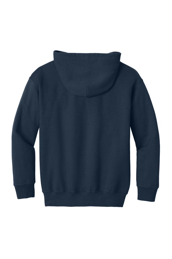 Rear View of Navy Gildan Youth Heavy Blend Full-Zip Hooded Sweatshirt. 18600B
