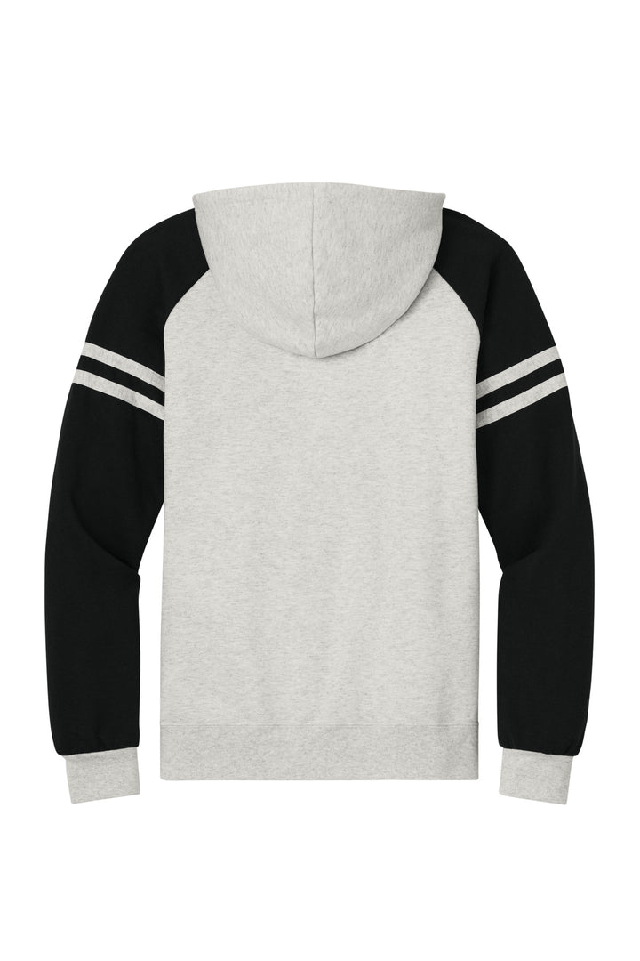 Rear View of OatH/BkInk Jerzees Unisex NuBlend Varsity Colorblock Hooded Sweatshirt 97C