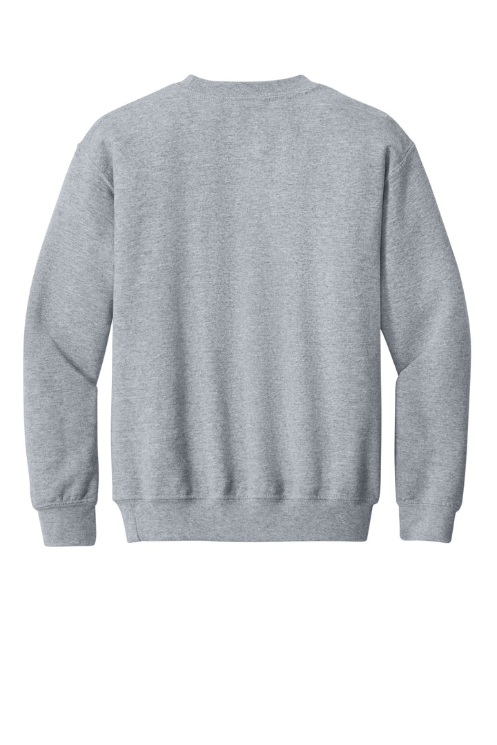 Rear View of Sport Grey Gildan Youth Heavy Blend Crewneck Sweatshirt. 18000B