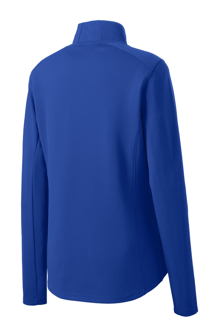 Rear View of True Royal Sport-Tek Women's Sport-Wick Textured 1/4-Zip Pullover. LST860