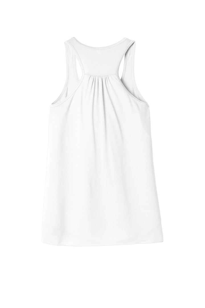 Rear View of White BELLA+CANVAS Women's Flowy Racerback Tank. BC8800