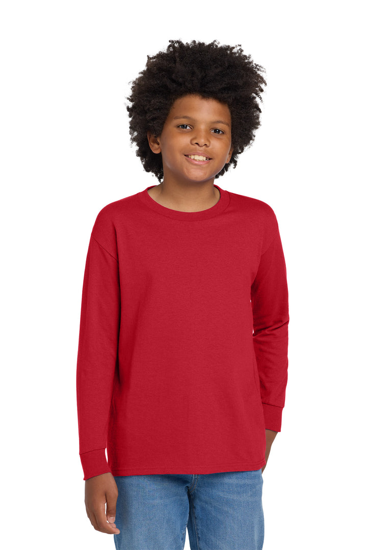 Red Gildan Youth Heavy Cotton 100% Cotton Long Sleeve T-Shirt. 5400B